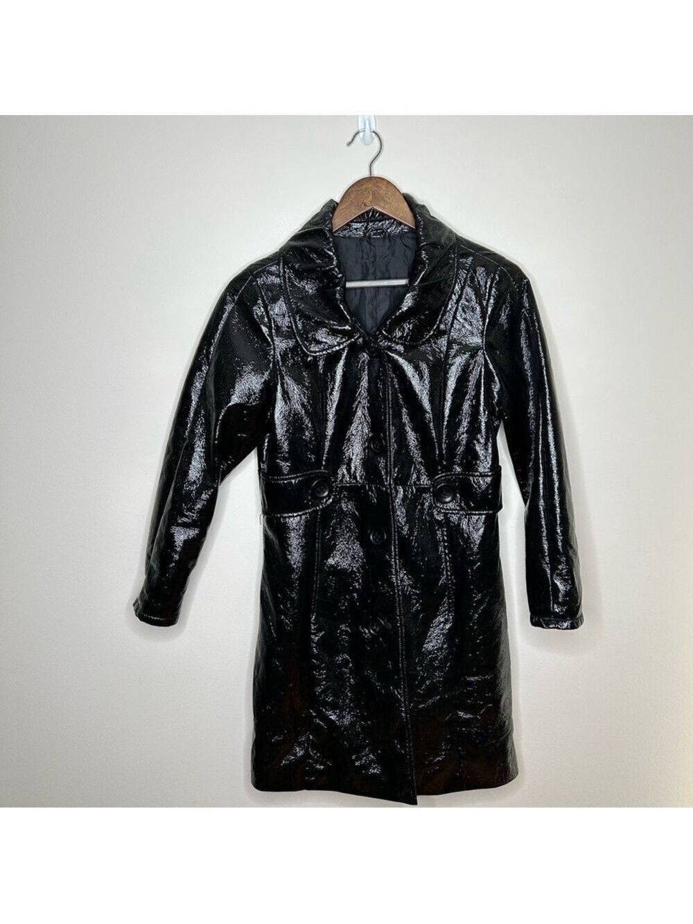 90’s High Gloss Crinkle Faux Patent Leather Trench Coat Black